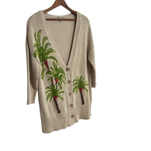 J. Jill Linen Blend Embroidered Palm Tree Button Front Cardigan Cream Size Small - Picture 2 of 10